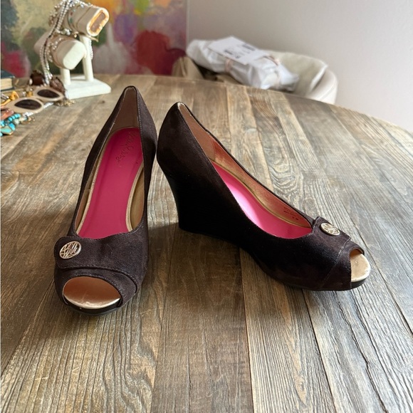 Lilly Pulitzer Brown Suede Peep Toe Wedges - Picture 9 of 12